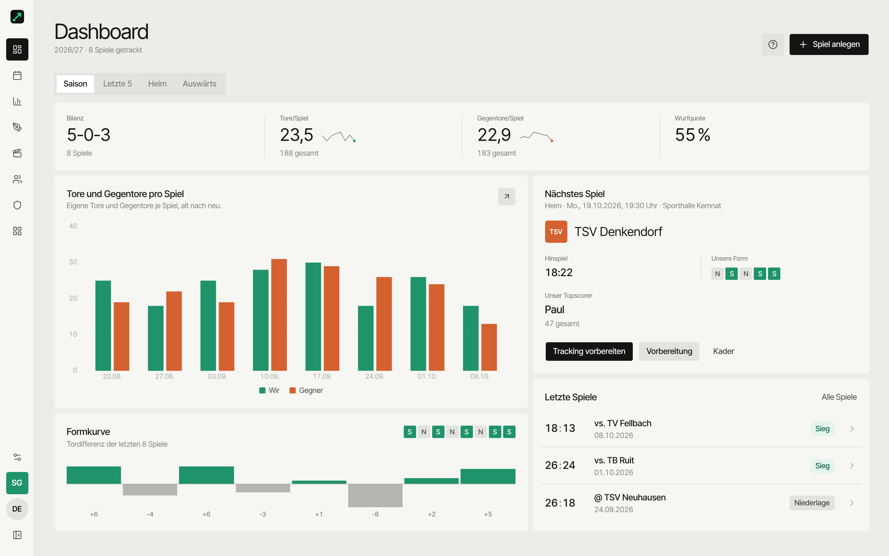 SportsFlow-Dashboard mit Saison-Bilanz und letzten Spielen