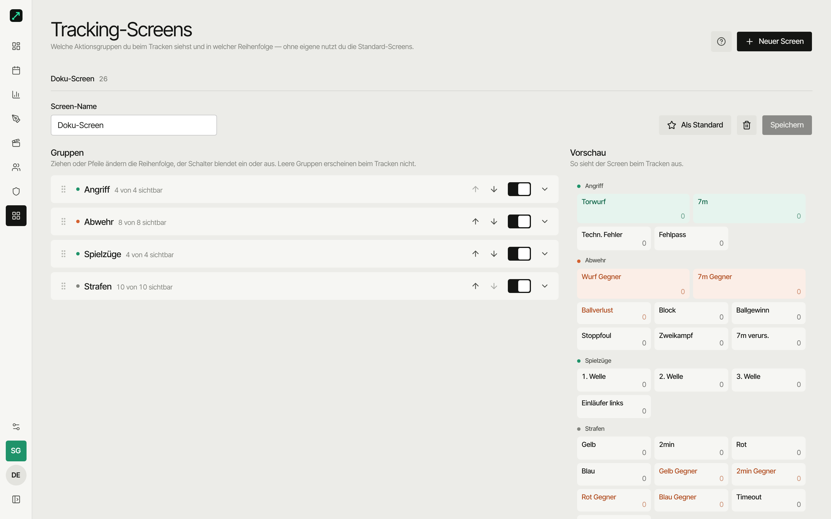 Screen-Editor: sortierbare Gruppen-Liste links, Vorschau rechts