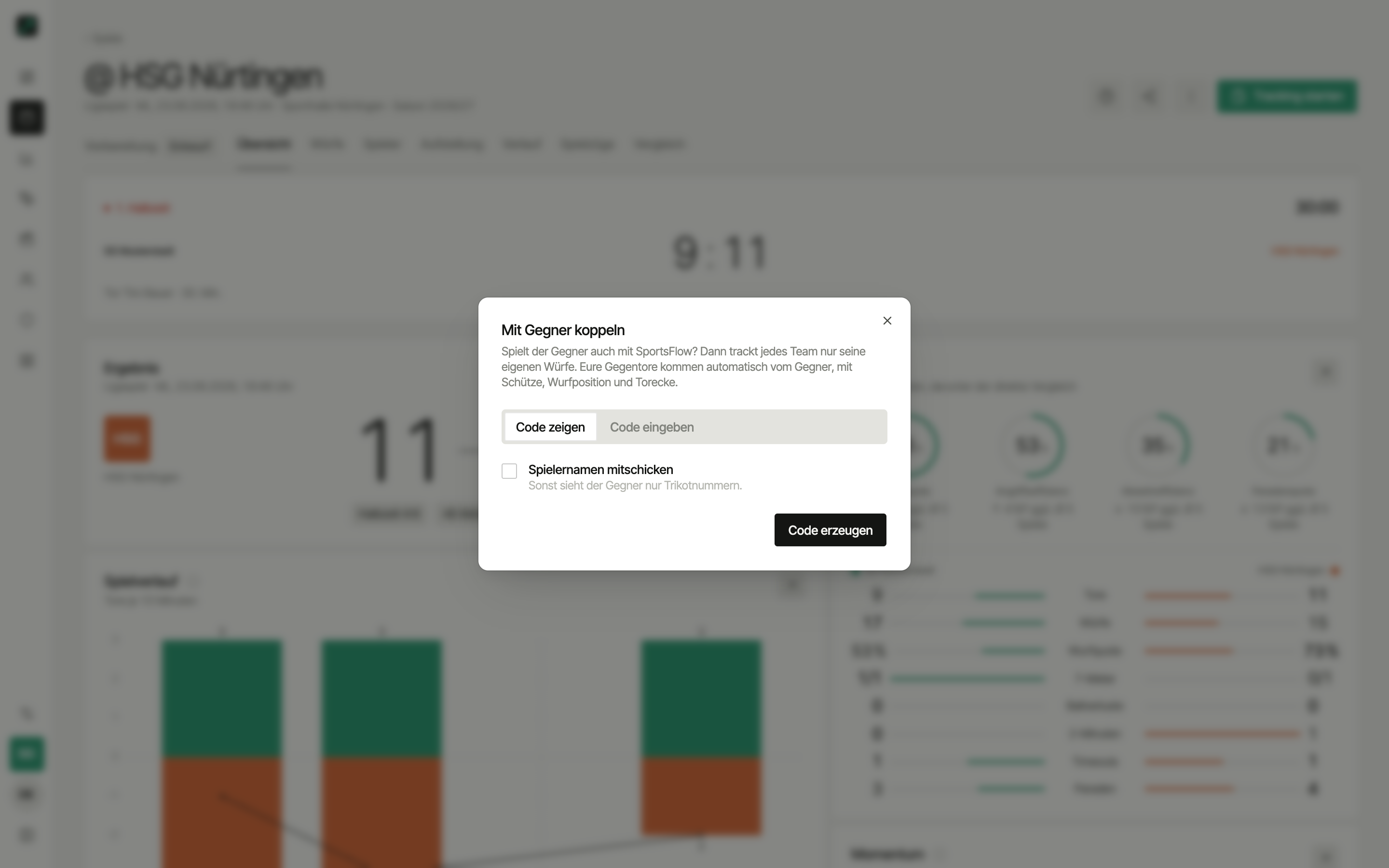 Dialog „Mit Gegner koppeln" mit den Reitern Code zeigen und Code eingeben und der Option Spielernamen mitschicken