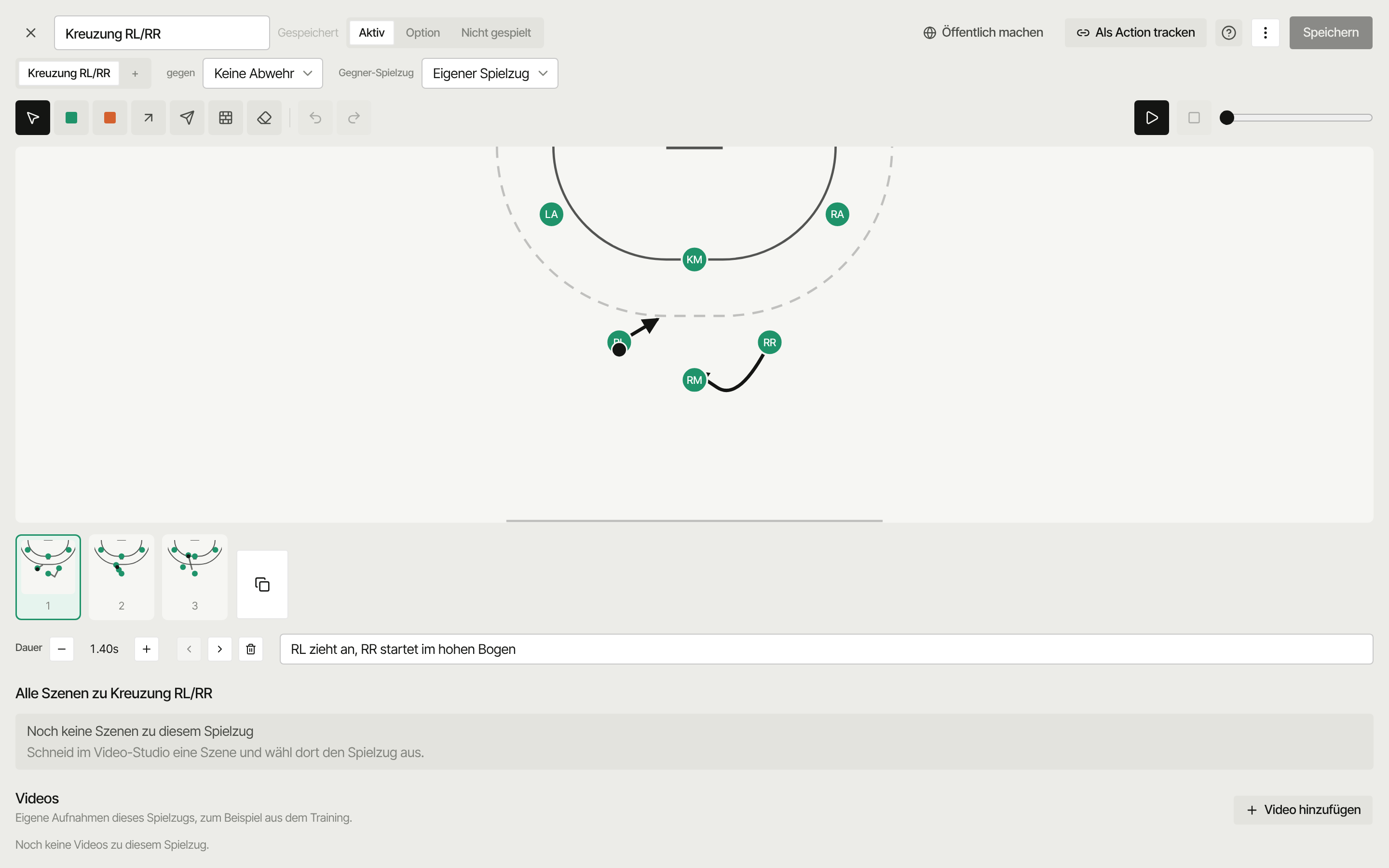 Spielzug-Editor: Kreuzung RL/RR mit Laufwegen und Frames