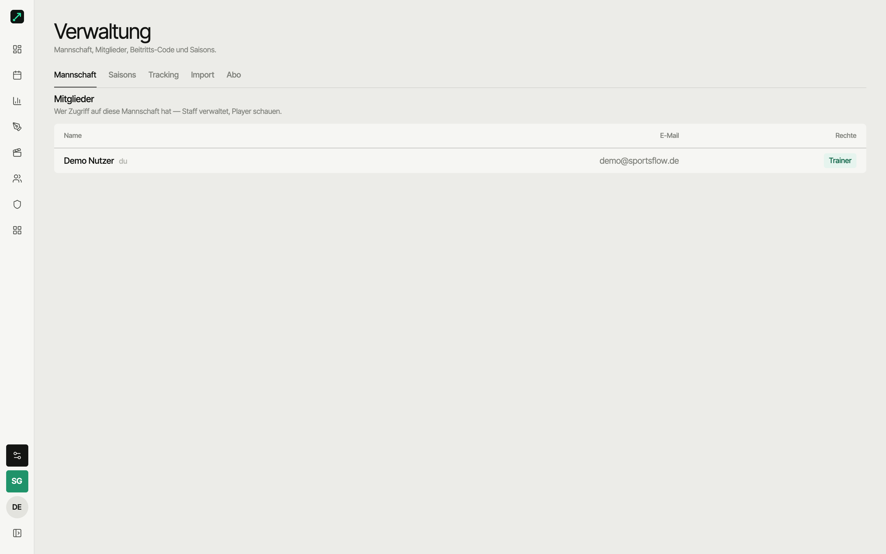 Verwaltung, Tab Mannschaft: Mitgliederliste