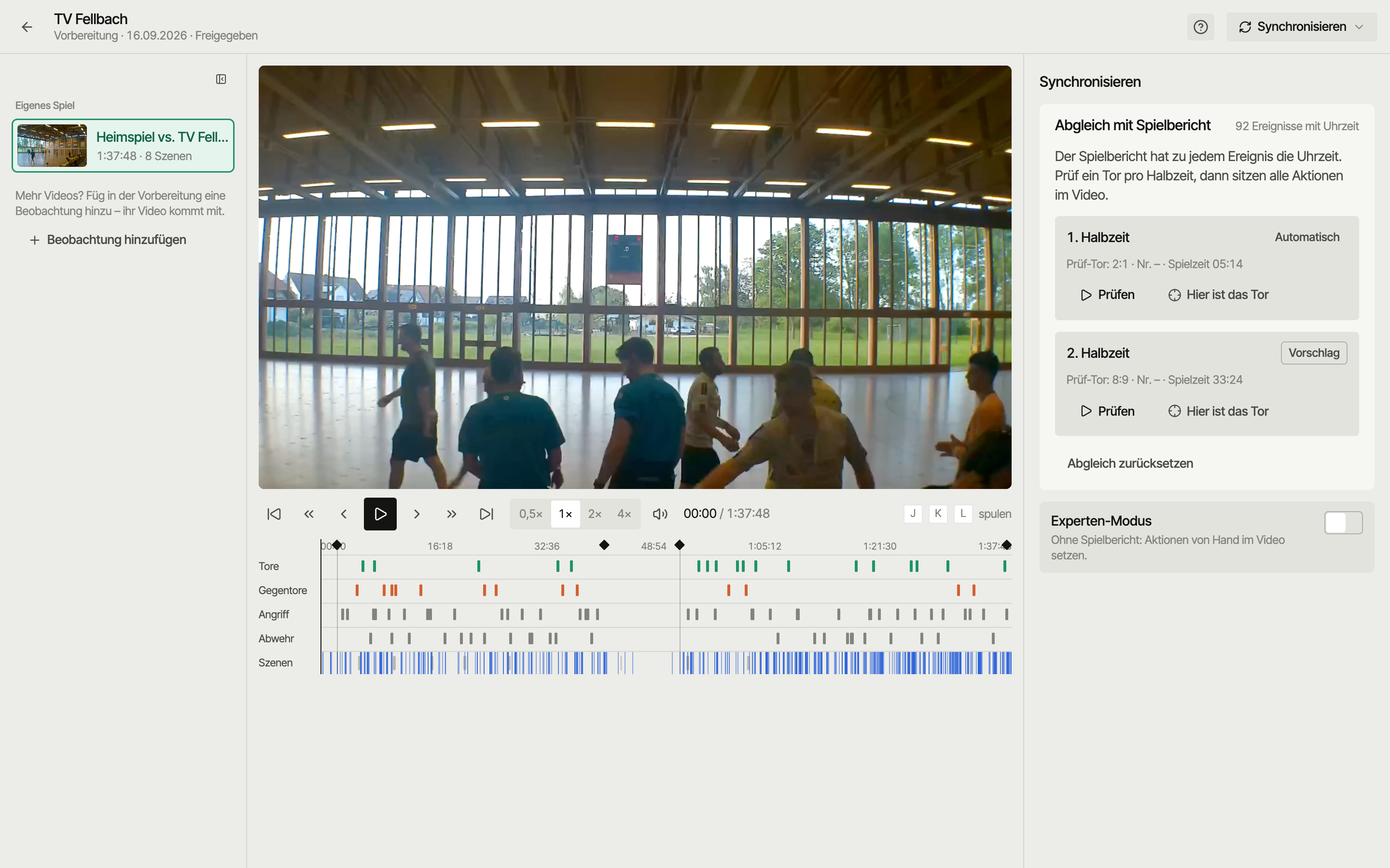 Synchronisieren: Abgleich mit dem Spielbericht, je Halbzeit prüfen